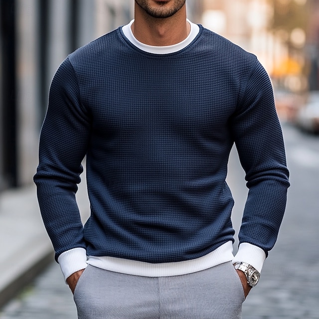  Herren Waffel T-Shirt Pullover Sweatshirt T-Shirt Langarmshirt Langarm Rundhalsausschnitt Frühling & Herbst Einfach Mode Designer Basic Mode Falscher Zweiteiler Urlaub Straße Lässig Marineblau Top