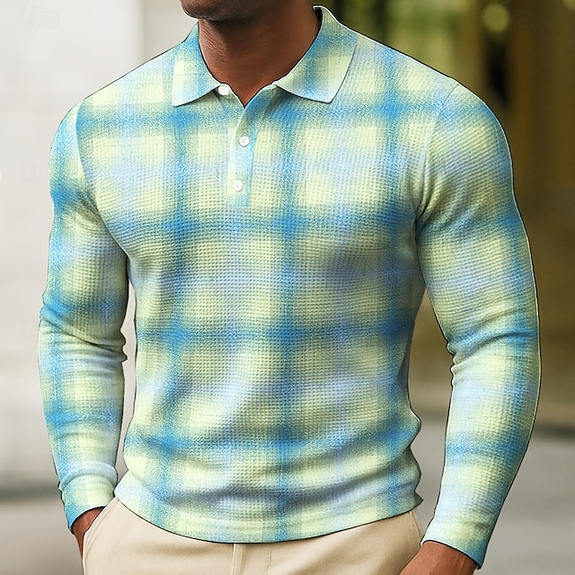  Voor heren Meetkundig Wafel Poloshirts Lange mouw Poloshirt Overhemden met kraag Zakelijk informeel liiketoiminta Draag naar het werk Alledaagse kleding Knop Lente Herfst Winter Meerblauw Oranje
