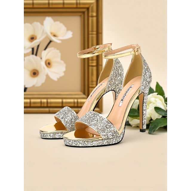  Zilveren glitter sandalen met hoge hak en enkelbandje voor dames, sprankelende schoenen voor het nachtleven en feestjes voor club- en avondoutfits