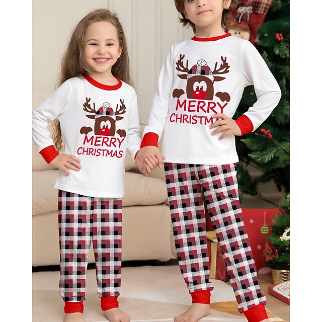 Family Pajamas Plaid Christmas Pattern Home Print White Long Sleeve ...