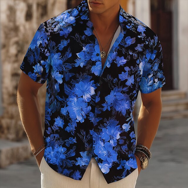 Men's Floral Print Neon Flowers Summer Hawaiian Shirt Button Up Shirt Aloha Shirt Short Sleeve Hawaiian Vacation Beach Wear Summer Spring Turndown 3D Print Collared Shirts Black4
