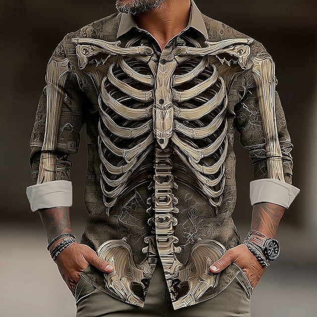  Halloween Voor heren 3D Print Skelet Overhemd Overhemd met knopen Lange mouw Donkere punkgotiek Buiten Feestdagen Zomer Lente Strijkijzer 3D-afdrukken shirts met kraag Goud Bruin Groen Grijs