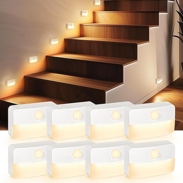  Veilleuse LED à détecteur de mouvement, alimentée par piles, sans fil, à coller partout, idéale pour le couloir, les escaliers, la chambre à coucher, sous les armoires de cuisine, lot de 8