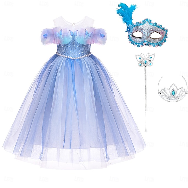  Robe pour fille, couleur unie, manches courtes, tenue de soirée, de spectacle, d'Halloween, de cosplay, décontractée, mignonne, en polyester, été, 4 à 12 ans, multicolore, bleu