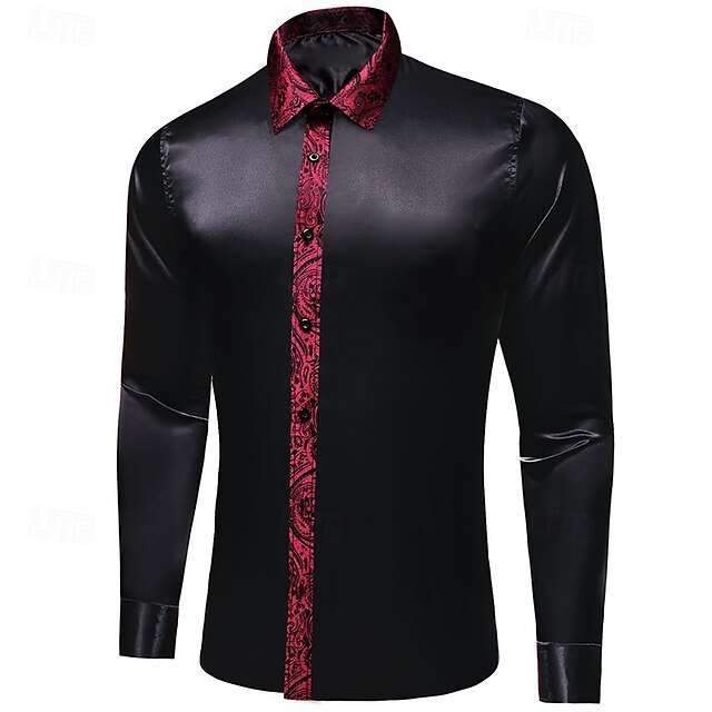 Men's Shirt Silk Like Satin Shirt Casual Shirt Button Up Shirt Prom Shirt Plain Formal Wedding Black Long Sleeve Lapel Spring &  Fall All Seasons Clothing Apparel Patchwork4