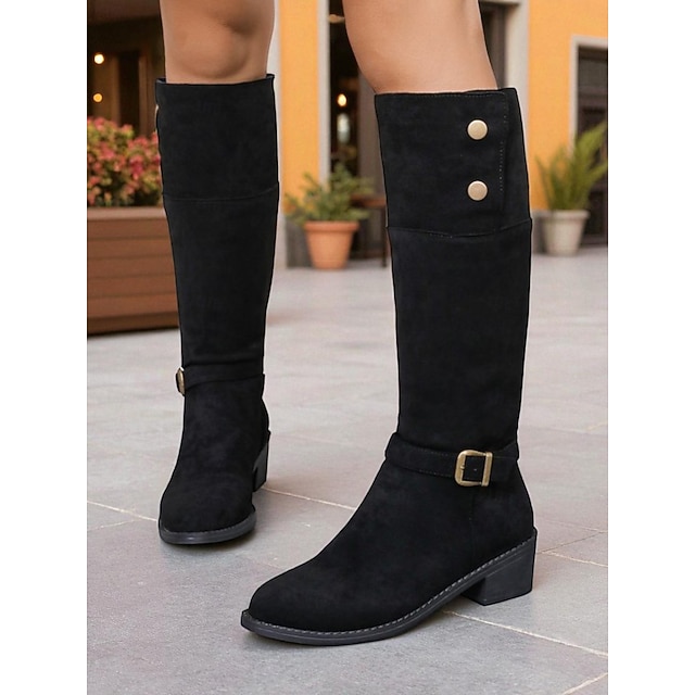  Kaki suède kniehoge laarzen voor dames met gespband - klassieke ronde neus lage hak rijlaarzen voor herfst/winter casual kleding en outdoor mode