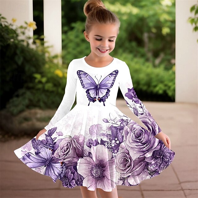  Tyttöjen 3D Perhonen Kukka Mekko Pitkähihainen Kesä Kevät Loma Päivittäin Pyhäpäivä Prinsessa Kaunis Makea Lapset 4-12 vuotta Rento mekko A linjainen mekko Polvipituinen Normaali