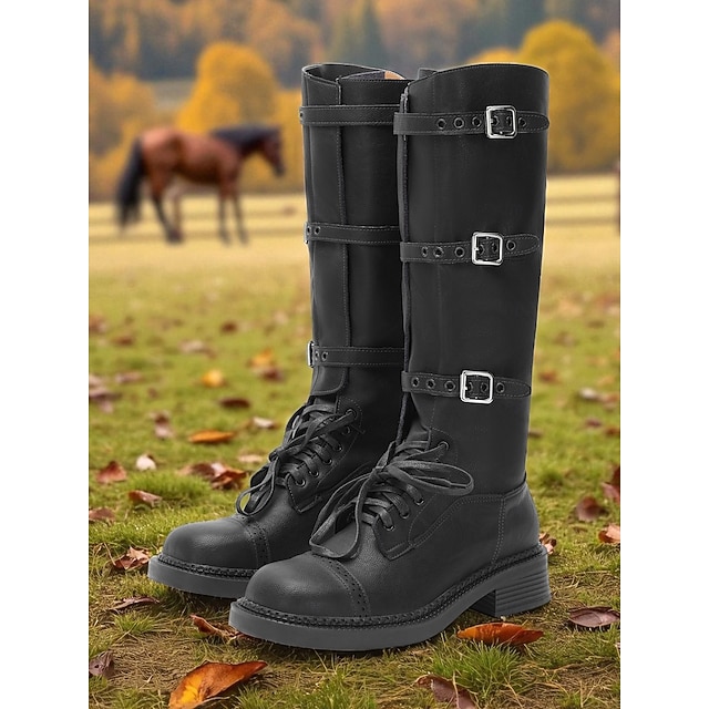  Botas de montar hasta la rodilla de piel sintética marrón para mujer con hebillas y cordones: calzado rústico y elegante de inspiración ecuestre para montar a caballo, paseos por el campo y salidas