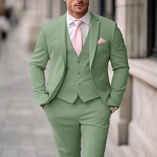 Men's Wedding Casual Party Suits Notch Lapel pea green Formal Solid Colored Slim Fit 3 Piece Single Breasted Two-buttons2