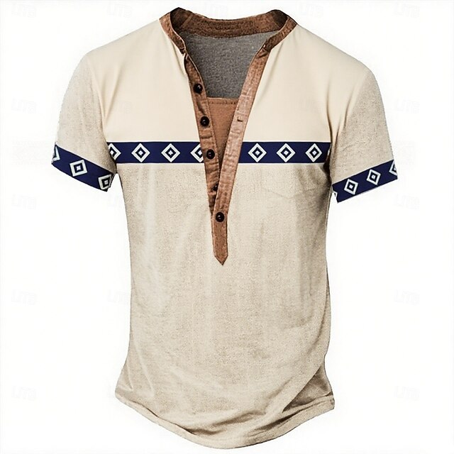 Men's Tribal Ethnic T Shirt Henley Shirt Tee Short Sleeve Designer Basic Ethnic Outdoor Casual Daily Summer All Seasons Khaki Henley Henley T-Shirt4