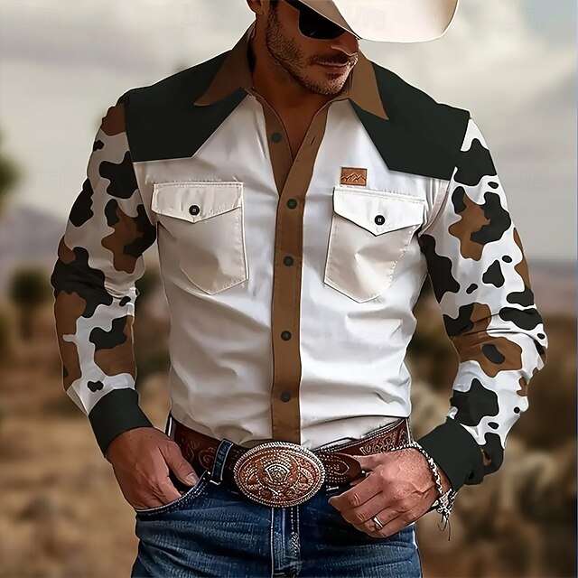 Men's Camo Camouflage Shirt Western Shirt Cowboy Shirt Long Sleeve Vintage Retro Outdoor Daily WorkWear Fall & Winter Turndown 3D Print Front Two Pockets Button Up Shirts Black4