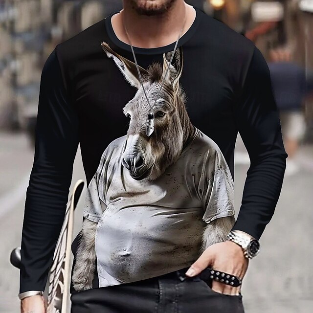 Men's 3D Donkey T Shirt Long Sleeve T shirt 3D Print Crew Neck Shirt Fashion Basic Street Casual Daily Black Summer Spring Clothing Apparel S M L XL XXL XXXL4