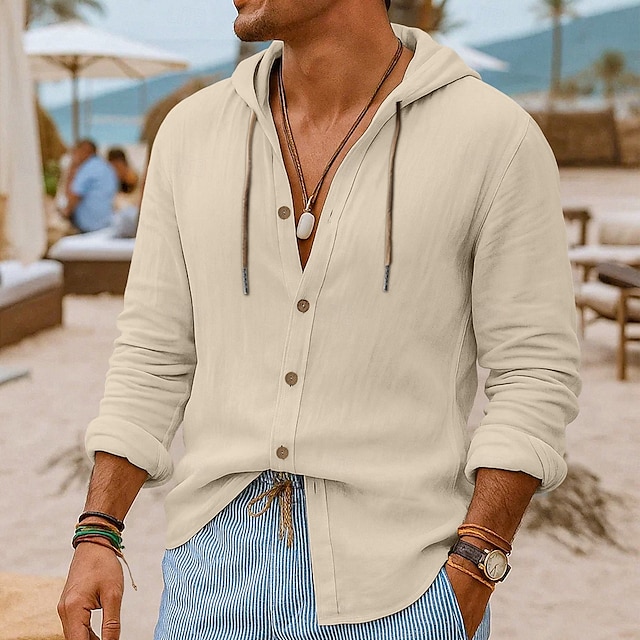  Herren Hemd Leinenhemd Strandbekleidung Knopfhemd Kapuzenhemd Einfach Urlaub Lässig Schwarz Weiß Blau Grün Langarm Mit Kapuze Sommer Frühling & Sommer Bekleidung Knöpfe