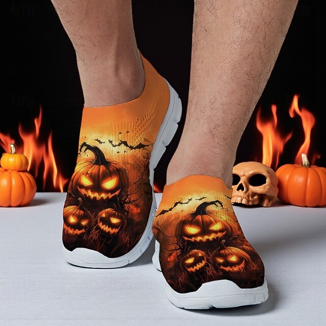  Zapatillas Flyknit naranjas sin cordones para hombre con estampado de calabaza de casa embrujada: calzado informal para festivales de Halloween, fiestas nocturnas, cosplay y eventos al aire libre.