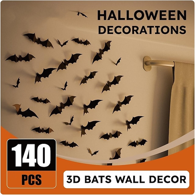  140 ks halloweenských 3D nástěnných dekorací s netopýry, strašidelné samolepky na halloweenskou párty, samolepky na zeď s netopýry, roztomilá halloweenská dekorace do interiéru, do ložnice, koupelny,