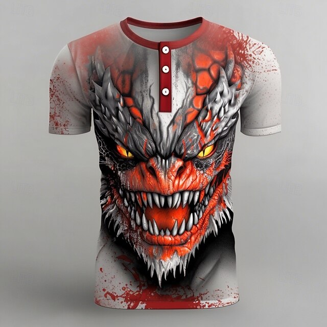 Men's Halloween Dragon T Shirt Henley Shirt Short Sleeve Designer Retro Vintage Graphic Street Casual Daily Summer Spring All Seasons Red Henley Henley T-Shirt4