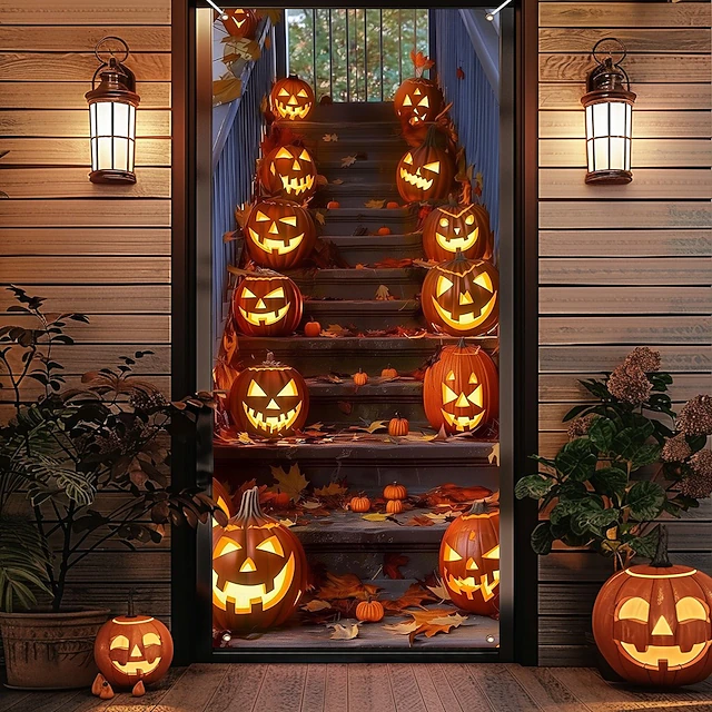 Halloween Door Decorations Halloween Door Covers Door Tapestry Pumpkins Forest Door Curtain Decoration Backdrop Door Banner for Front Door Farmhouse Holiday Party Decor Supplies 23