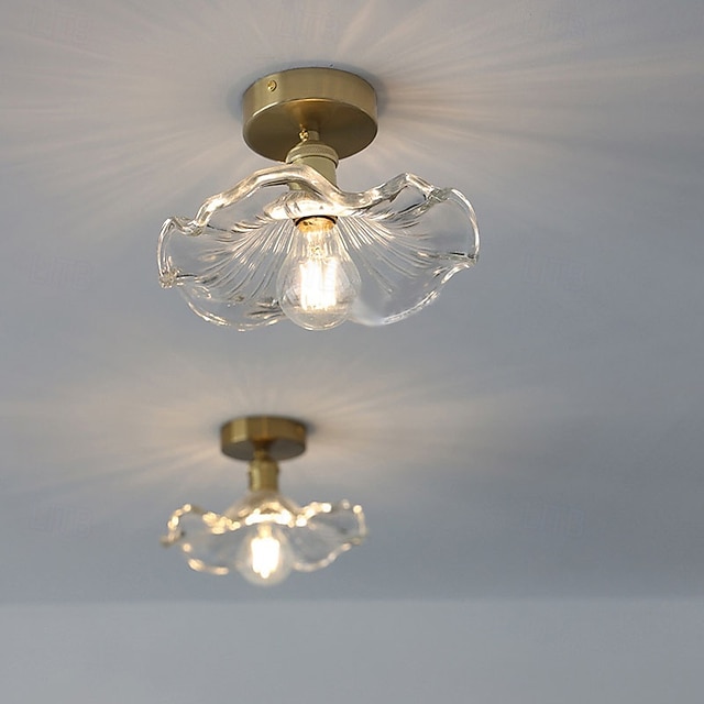  Simple Lotus Leaf Ceiling Light for Restaurant Entryway Aisle Vintage Brass Glass Led Hanging Lamps