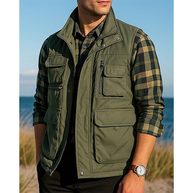  Herren Anglerweste Wanderweste Ärmellos Weste Außen Leicht Atmungsaktiv Reißverschluss Mehrere Taschen Nylon Schwarz Armeegrün Marinenblau Jagd Angeln Klettern