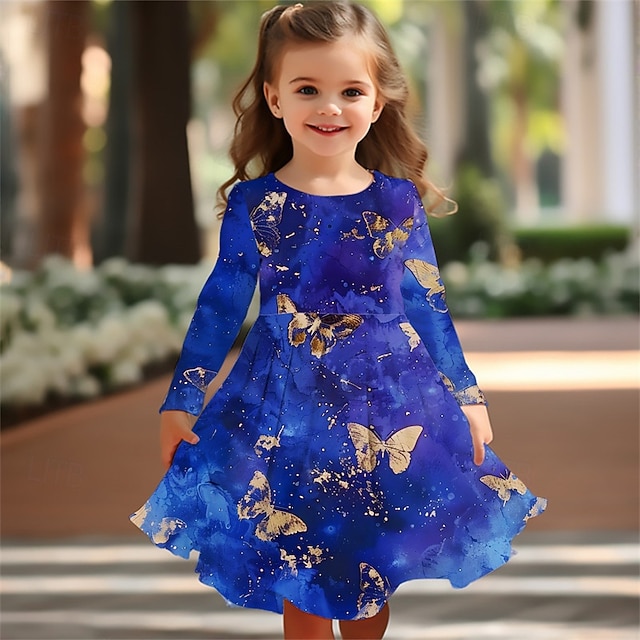  Tyttöjen 3D Perhonen Mekko Pitkähihainen Kesä Kevät Loma Päivittäin Pyhäpäivä Prinsessa Kaunis Makea Lapset 4-12 vuotta Rento mekko A linjainen mekko Polvipituinen Normaali
