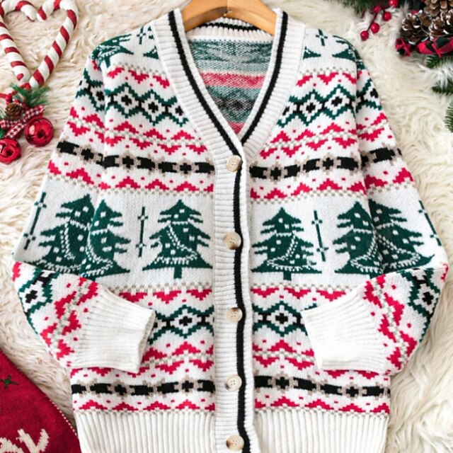 Women's Cardigan Casual Tree Ribbed V Neck Buttons Knitted Print Long Sleeve Regular Tops Knit Christmas Daily Going out White Winter4