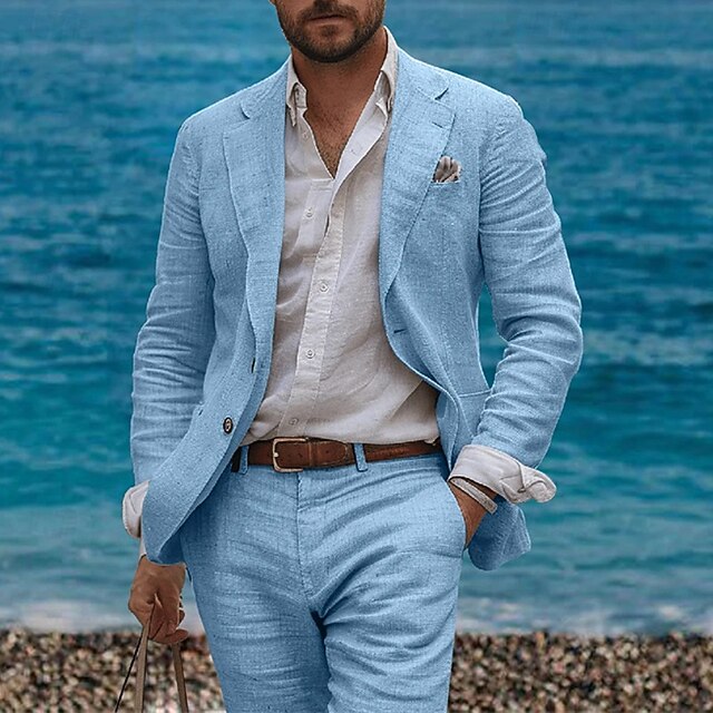Men's Linen Blazer Blazer Suits Business Cocktail Party Wedding Party Fashion Casual Spring Fall Linen Plain Pocket 2 Piece Comfortable Single Breasted Blazer Pink Sky Blue3