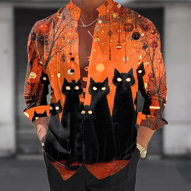 Halloween Men's Animal Cat Halloween Costumes Shirt Stand Collar Shirt Long Sleeve Dark Gothic Style Outdoor Holiday Spring Fall Mandarin Collar Band Collar Button-Down Linen Like Shirt Orange4