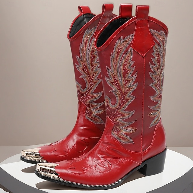  Pánské kovbojské boty z červené kůže – vysoké vyšívané boty ve westernovém stylu na rodeo, jízdu na koni a country festivaly
