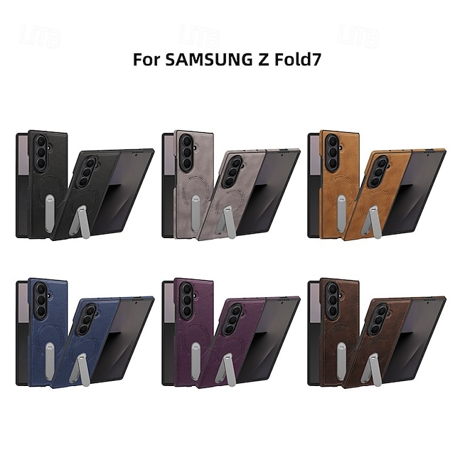  טלפון מגן עבור סמסונג גלקסי קיפול Z 7 קיפול Z 6 Z Fold 5 Z Fold 4 כיסוי אחורי תמיכה בטעינה אלחוטית רגלית עמיד בזעזועים רטרו TPU עור PU
