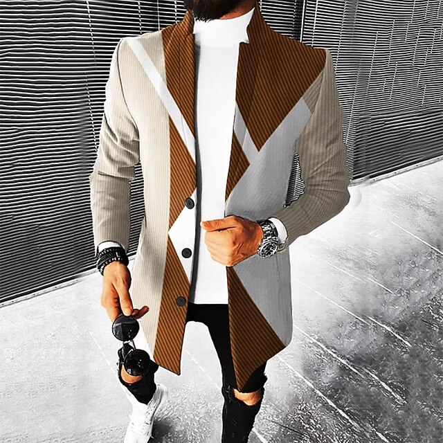Men Ombre Geometric Overcoat Coat Casual Business Casual Daily 3D Print Buttons Front Pocket Spring Fall Winter Notch Long Sleeve Blue Brown4