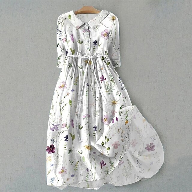 Women's Midi Dress Shirt Dress Casual Dress Fashion Modern Daily Beach Weekend Regular Fit Flower Half Sleeve Shirt Collar White Purple Gray Summer Spring4