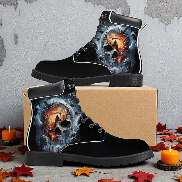  Botas de combate masculinas com estampa de caveira flamejante – botas de cano curto estilo gótico de Halloween para festas, cosplay e uso ao ar livre