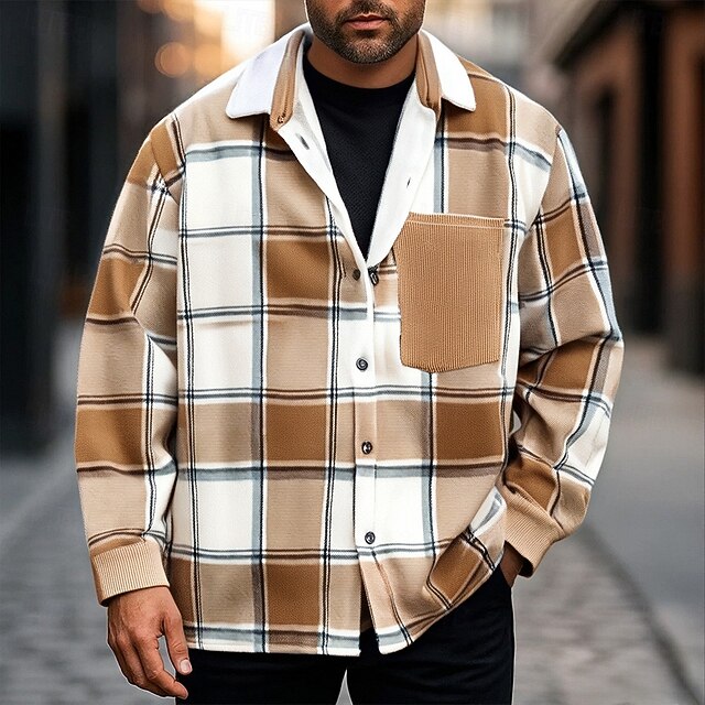 Men's Shacket Shirt Jacket Winter Jacket Plaid Vacation Daily Wear Black Khaki Long Sleeve Lapel Fall Winter Clothing Apparel Pocket3