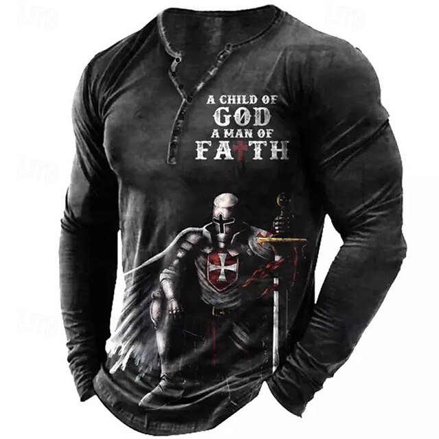 Men's Long Sleeve Henley T-Shirt, A Child of God A Man of Faith Crusader Knight Graphic Tee2