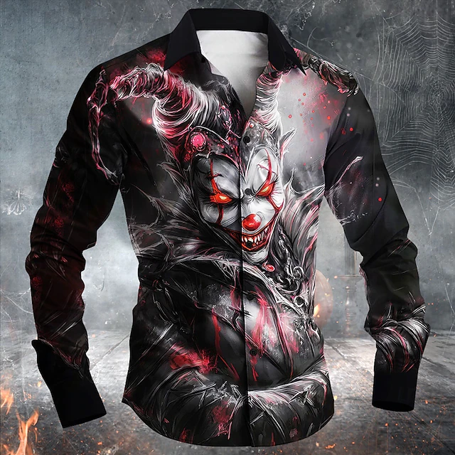 Halloween Men's Clown Blood stains Demon Shirt Button Up Shirt Long Sleeve Dark Punk Gothic Style Outdoor Holiday Summer Spring Turndown 3D Print Collared Shirts Black4