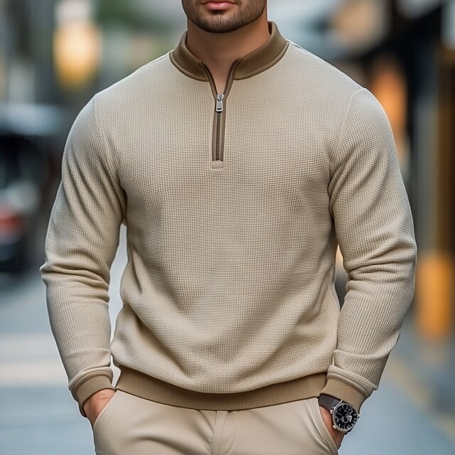 Men's Waffle T-shirt T Shirt Long Sleeve Stand Collar All Seasons Color Block Traditional / Vintage Casual Zip Up Outdoor Home Sports & Outdoor Khaki Top Tee for Men4
