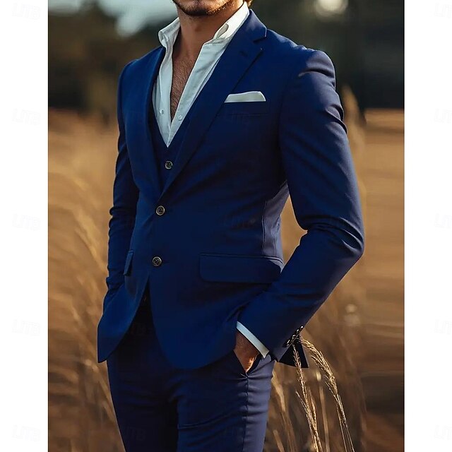 Men's Business Casual Wedding Suits Notch Lapel Blue Formal Solid Colored Slim Fit 3 Piece Single Breasted Two-buttons2