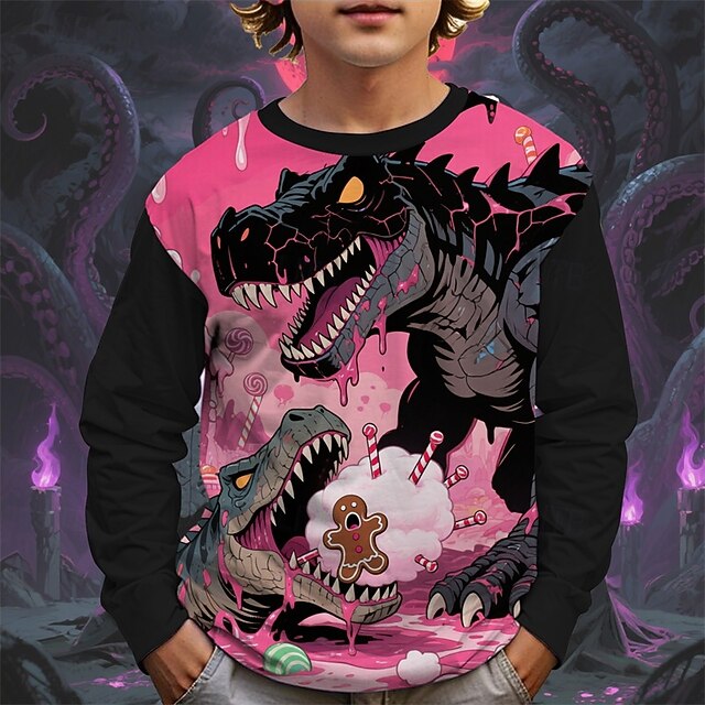 Halloween Băieți 3D Desene Animate Dovleac Dinozaur Tricou Manșon Lung Primăvară Toamnă Modă De Bază Copii 4-12 ani Stil Nautic În aer liber Casual Zilnic Fit regulat