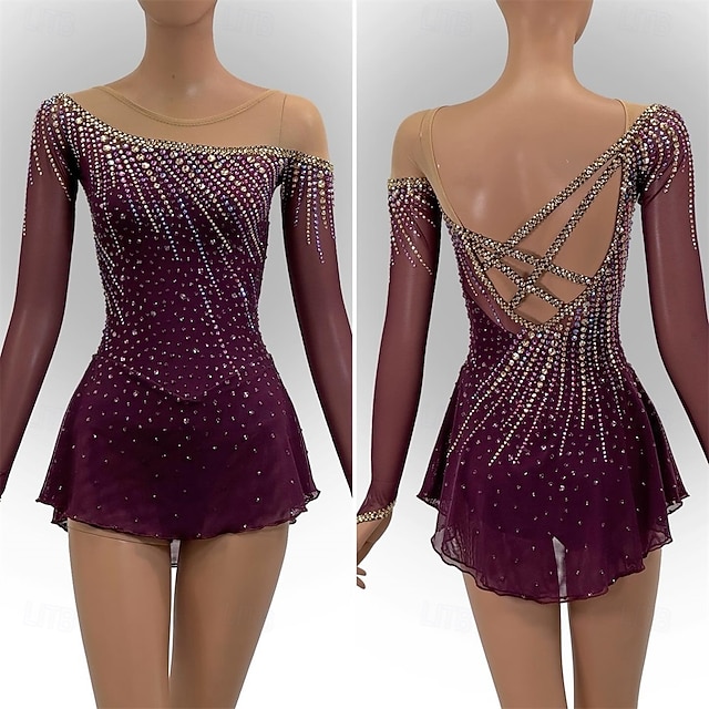  שמלה להחלקה אמנותית בגדי ריקוד נשים בנות החלקה על הקרח שמלות בורדו טלאים פתוח בגב רשת ספנדקס גמישות גבוהה הדרכה תחרות ביגוד להחלקה על הקרח קלאסי קריסטלים / אבנים נוצצות שרוול ארוך