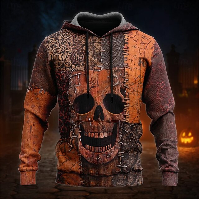 Halloween Men's Skull Patchwork Hoodie Sweatshirt Punk Exaggerated Crew Neck Club Streetwear Brown Drawstring Fall Winter Designer4