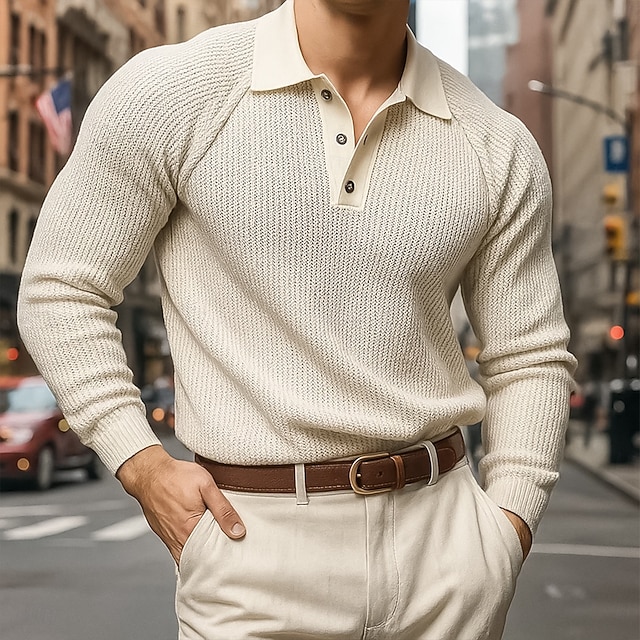 Men's Polo Shirts Rib Knit Top Business Casual Ribbed Polo Collar Long Sleeve Fashion Basic Solid Color Textured Knitting Fall Winter Regular Fit Beige Polo Shirts4