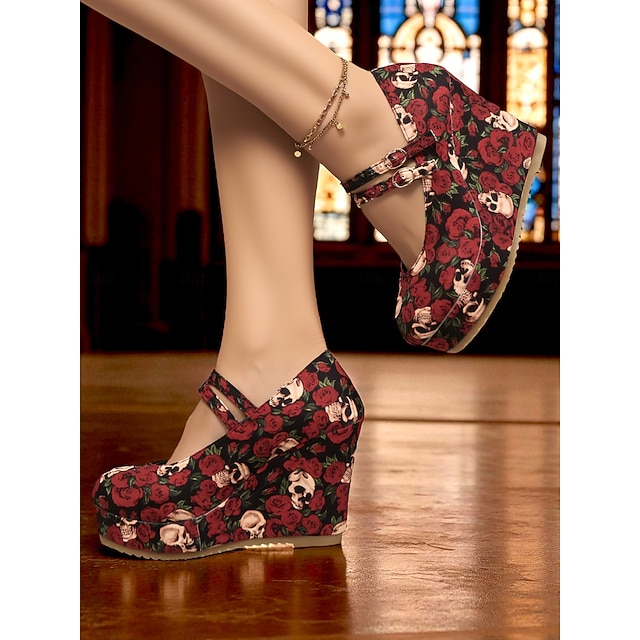  Zapatos Mary Jane de cuña con estampado de calavera y rosa para mujer: tacones de plataforma góticos para moda alternativa, conciertos y fiestas de Halloween.
