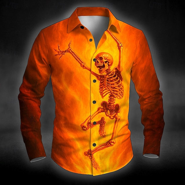  Halloween Herr Skelett Gradientfärg Halloween Kostymer Skjorta Knapp upp skjorta Långärmad Mörk punkgotik Utomhus Helgdag Sommar Vår Nedvikt 3D-utskrift krage skjortor Vit Blå Orange