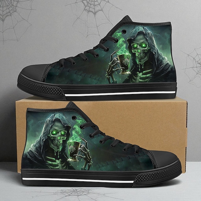  Baskets montantes en toile pour homme avec imprimé « chasse de bière » de la Faucheuse – Chaussures à lacets décontractées et résistantes pour Halloween, style gothique et événements nocturnes