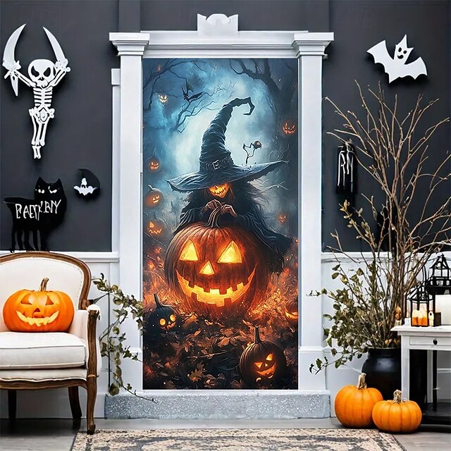 Halloween Witch Pumpkin Door Cover – Spooky Jack-O’-Lantern Doorway Curtain for Haunted House, Indoor Outdoor Halloween Party Decoratio4