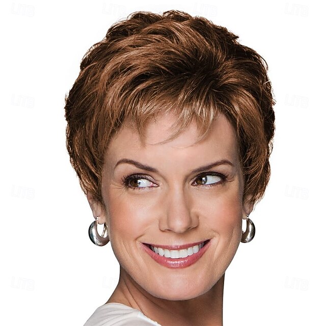 Women’s Short Brown Layered Pixie Wig with Bangs Natural Looking Realistic Synthetic Hair Heat Resistant Elegant Daily Wear Fashion Style4