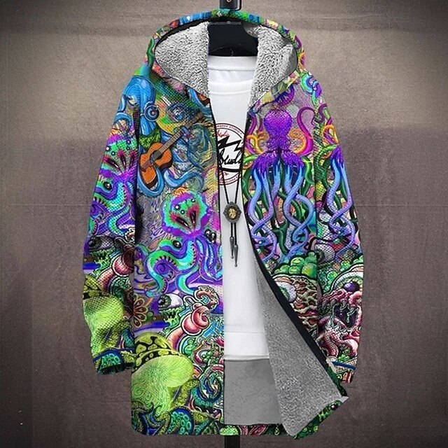 Men's Graphic Winter Coat Fleece Jacket Coat Thermal Warm Comfortable Casual Daily Wear Zipper Pocket 3D Print Fall Winter Hooded Long Sleeve Rainbow4
