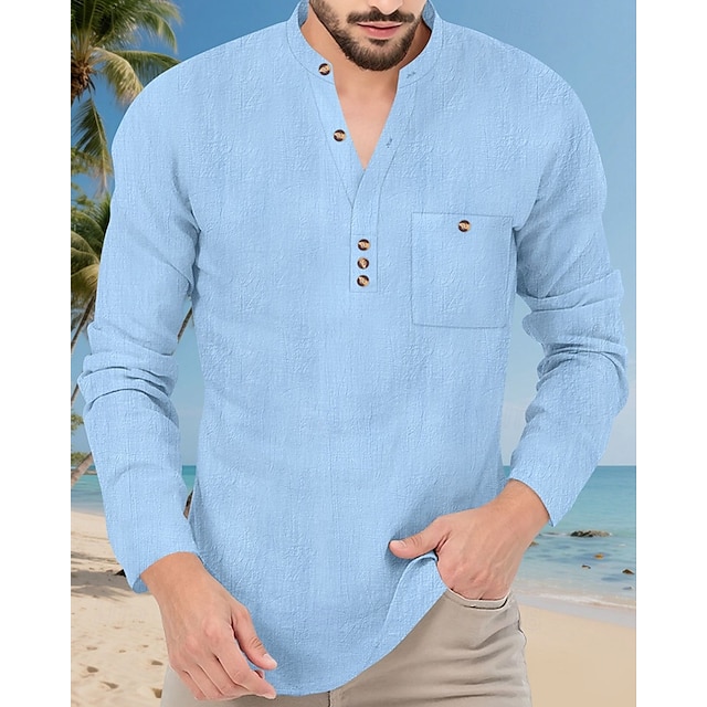  Per uomo Camicia Camicia popover Camicia Estiva Camicia casual Camicia da Spiaggia Nero Bianco Giallo Blu marino Azzurro cielo Manica Lunga Semplice Colletto alla coreana Vacanza Camicia hawaiana