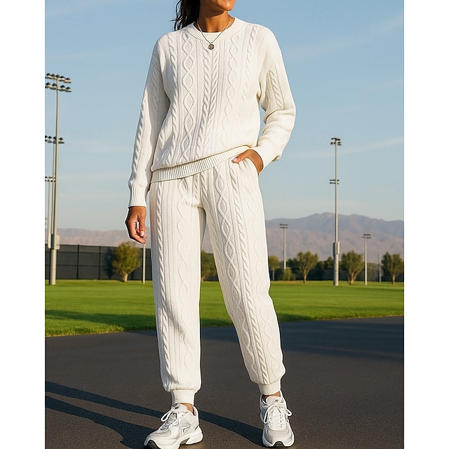  Damskie Dres Spodnie dresowe Stroje sportowe Splot kablowy Solidne kolory Zestawy odzież Jesień Czarny Biały Na zewnątrz Podróże Sportowy Wysoka talia Moda Długi rękaw Sport Odzież sportowa Średnio