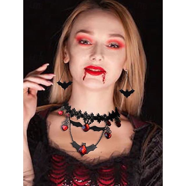  Conjunto de collar y pendientes de murciélago de Halloween para mujer: gargantilla de encaje negro con piedras preciosas rojas y colgantes de murciélago, perfecto para fiestas y disfraces de Halloween.